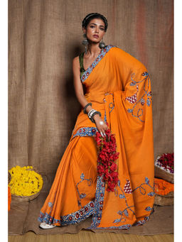 Unnati Silks - Women Yellow Cotton Embroidered Saree with Unstitched Blouse