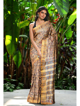 Unnati Silks - Women Brown Silk Printed Saree with Unstitched Blouse