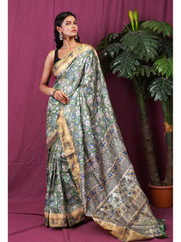 Unnati Silks - Women Green Silk Printed Saree with Unstitched Blouse