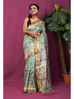 Unnati Silks - Women Green Silk Printed Saree with Unstitched Blouse
