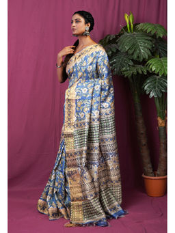 Unnati Silks - Women Blue Silk Printed Saree with Unstitched Blouse