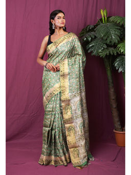 Unnati Silks - Women Green Silk Printed Saree with Unstitched Blouse