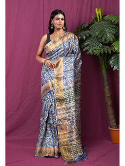 Unnati Silks - Women Blue Silk Printed Saree with Unstitched Blouse