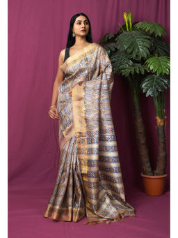 Unnati Silks - Women Brown Silk Printed Saree with Unstitched Blouse