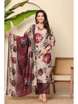 Gahan - Bentley Foil Printed Floral Motif V Neck Red Kurta Pant and Dupatta