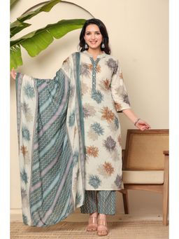Gahan - Cotton Printed Floral Motif Mandarin Neck Off White Kurta Pant and Dupatta