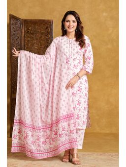 Gahan - Flamboyant Pink Cotton Straight Kurta Pant with Dupatta