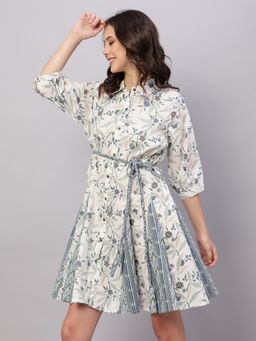 Gahan - Floral Printed Cotton Fit and Flare Ethnic Dresses with Belt