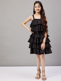 Stylo Bug - Girls Glitter Printed Square Neck Sleeveless Layered Party Wear Dress Black