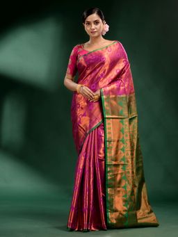 CHARUKRITI - Pink Pure Silk Handwoven Soft Saree with Unstitched Blouse