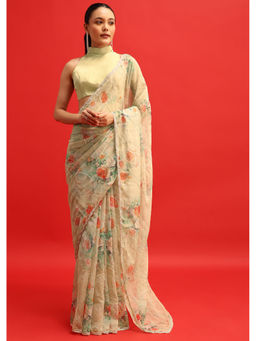 KALKI FASHION - Beige Organza Embellished Saree with Unstiched Blouse