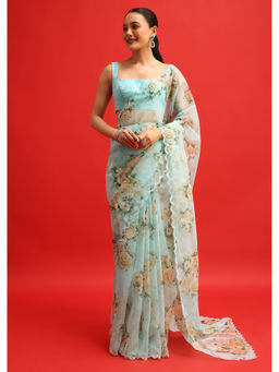 KALKI FASHION - Blue Organza Embellished Saree with Unstiched Blouse