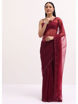 KALKI FASHION - Red Organza Embellished Saree with Unstiched Blouse