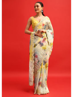 KALKI FASHION - Yellow Organza Embellished Saree with Unstiched Blouse