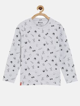 3PIN - Grey Boys Cotton Printed Round Neck T-Shirt
