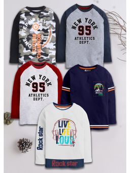 3PIN - Multi-Color Boys Cotton Printed Round Neck T-Shirt (Pack of 5)