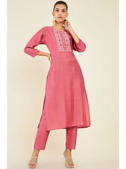 Soch - Women Coral Blended Fabric Embroidered Kurta (Set of 2)