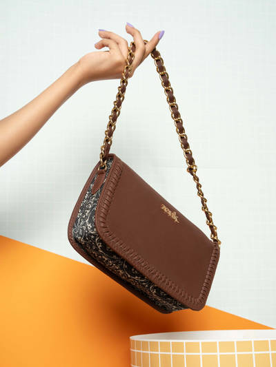 Women Black Lattice Lace Aalya Baguette Handbag