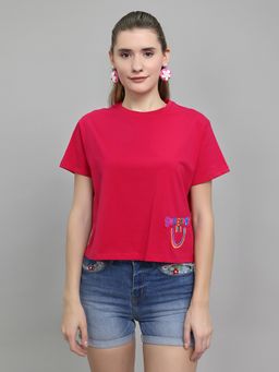 Monte Carlo - Magenta Cotton Lycra Round Neck Half Sleeves Embroidered T-Shirt