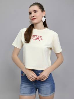 Monte Carlo - Cream Cotton Lycra Round Neck Half Sleeves Typography T-Shirt