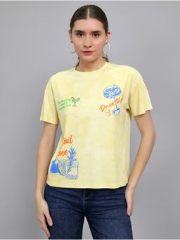Monte Carlo - Yellow Cotton Lycra Round Neck Half Sleeves Printed T-Shirt