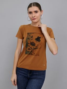 Monte Carlo - Brown Cotton Lycra Round Neck Half Sleeves Printed T-Shirt