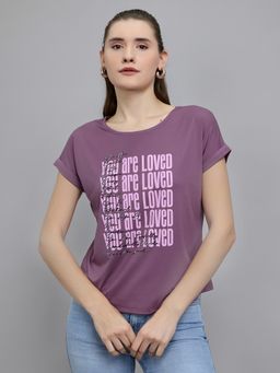 Monte Carlo - Purple Tencel Blend Round Neck Half Sleeves Typography T-Shirt