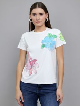 Monte Carlo - Off White Tencel Blend Round Neck Half Sleeves Embellished T-Shirt