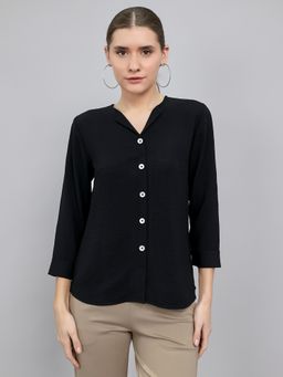 Monte Carlo - Black Polyester Blend Collar Neck Solid/Plain Shirt