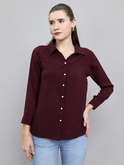 Monte Carlo - Burgundy Polyester Blend Collar Neck Full Sleeves Textured Shirt