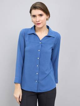 Monte Carlo - Blue Polyester Blend Collar Neck Full Sleeves Textured Shirt
