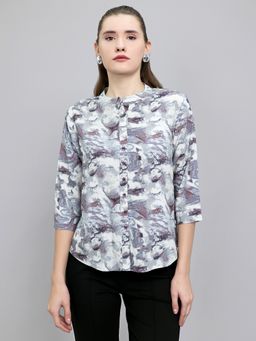 Monte Carlo - Grey Viscose Mandarin Neck Printed Shirt