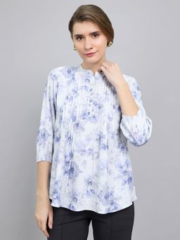 Monte Carlo - White Viscose Mandarin Neck Printed Top