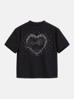 Guess - Black Cotton Round Neck Half Sleeves Embellished T-Shirt