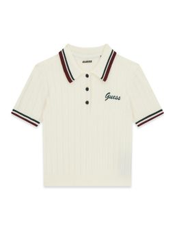 Guess - White Acrylic Collar Neck Half Sleeves Textured Polo T-Shirt
