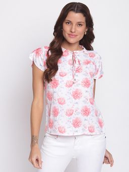 Latin Quarters - Floral Print Half Sleeve Casual Regular Top White