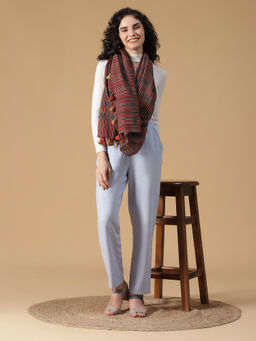 Shingora - Maroon Pure Wool Striped Tasseled Women Stole