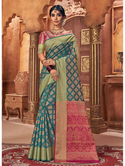 Sangam Prints - Sea Green Woven Zari Work Traditional Saree with Unstitched Blouse