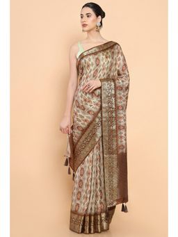 Soch - Women Beige Silk Printed Saree with Unstitched Blouse