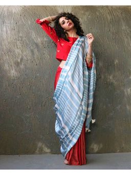 Chidiyaa - Red-Blue Blockprinted Modal Silk Saree