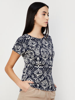 max - Women Printed Navy Blue T-Shirt