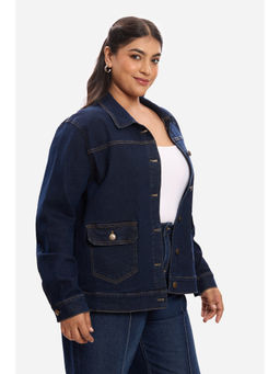 Virgio - Solid Cotton Denim Plus Size Dark Blue Jacket for Women