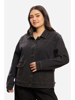 Virgio - Solid Cotton Charcoal Denim Plus Size Jacket for Women