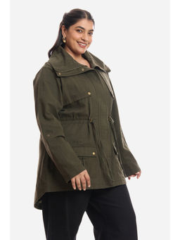 Virgio - Solid Cotton Longline Plus Size Olive Winter Coat for Women