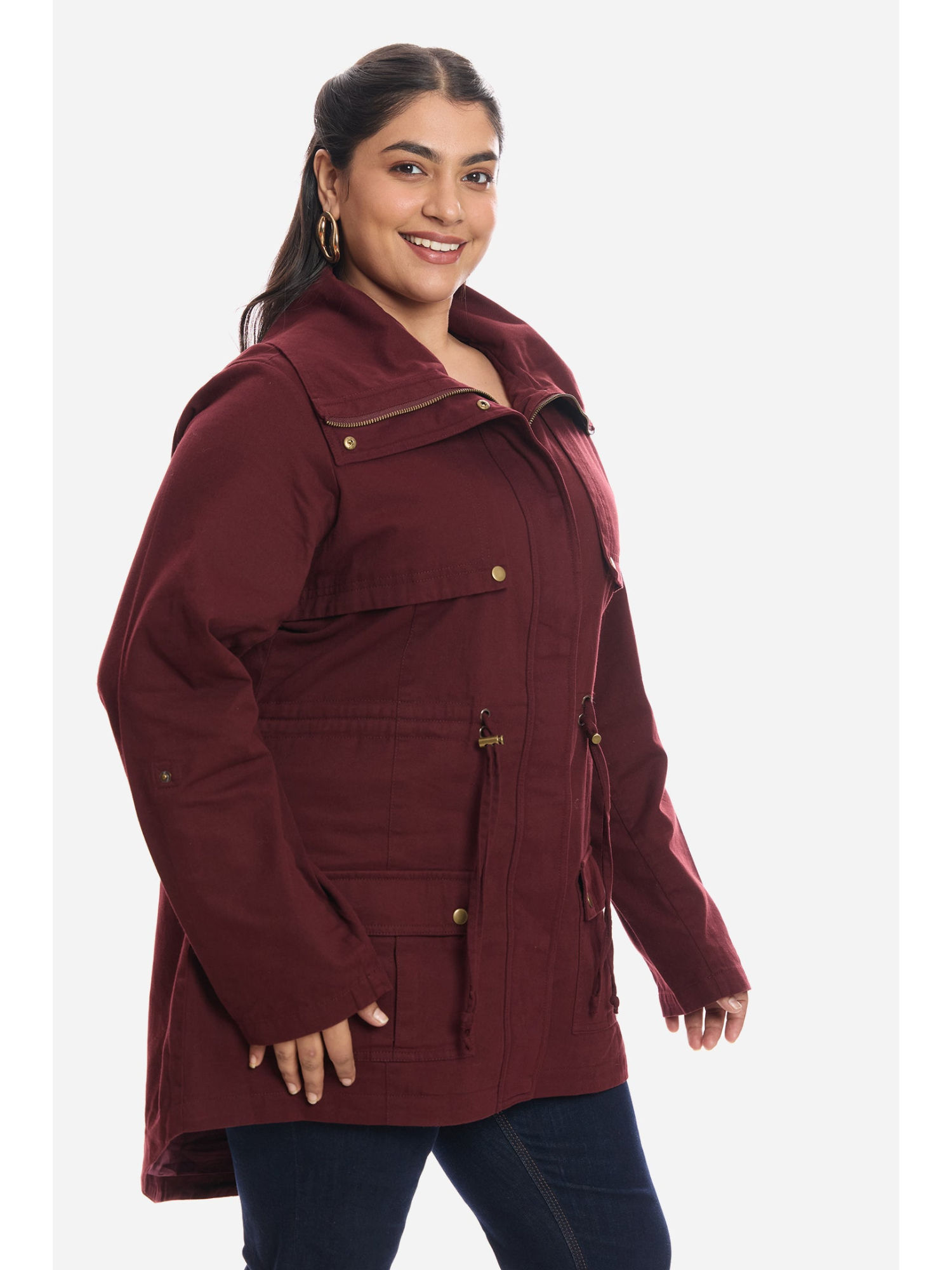 virgio Solid Cotton Longline Plus Size Burgundy Winter Coat for Women-picture-36