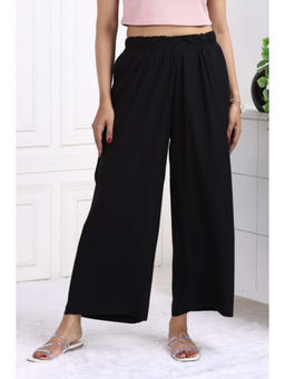 MLADA - Mid Rise Relaxed Fit Solid Elastic Waistband Rayon Black Palazzo