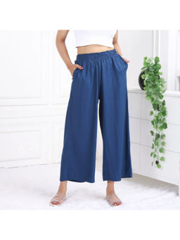 MLADA - Mid Rise Relaxed Fit Solid Elastic Waistband Rayon Indigo Palazzo