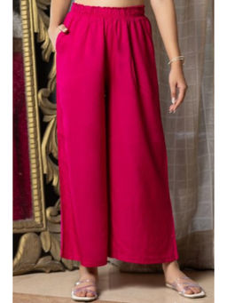 MLADA - Mid Rise Relaxed Fit Solid Elastic Waistband Rayon Magenta Palazzo