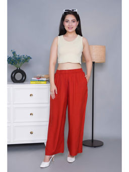 MLADA - Mid Rise Relaxed Fit Solid Elastic Waistband Rayon Rust Palazzo
