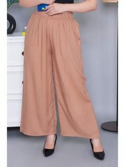 MLADA - Mid Rise Relaxed Fit Solid Elastic Waistband Rayon Tan Palazzo